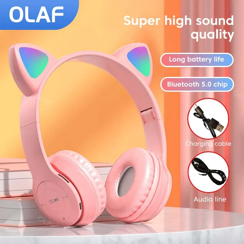 Cute Cat Ear Bluetooth Wireless Headphones LED Light Foldable Hifi