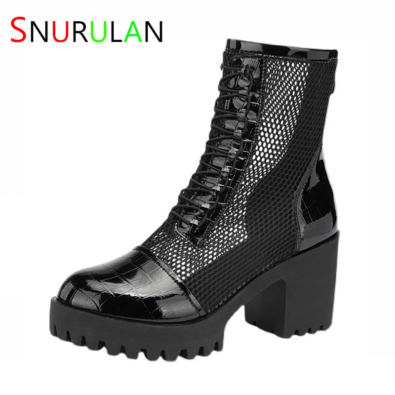 

Small Size 32-43 Genuine Leather Sandals Summer Women's Block High Heels Shoes 2023 Mesh Cutout Platform Black Short Leg