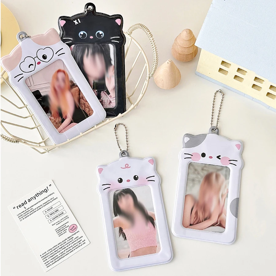 1pcs Cute Puppies Photocard Holder Keychain, Kawaii cat Photo Frame ID Badge Holder PVC Cartoon Animal Photo Card