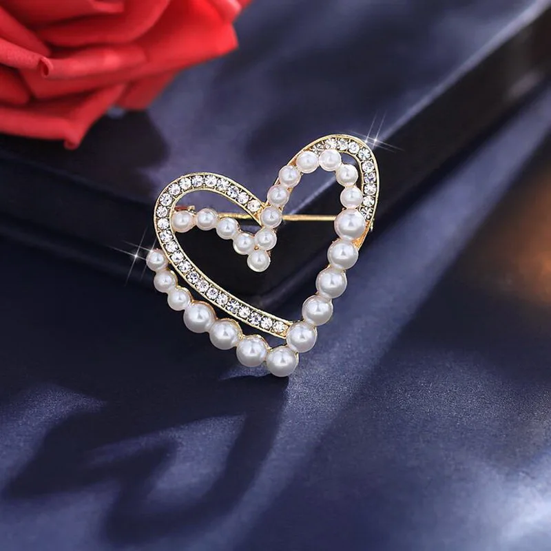 Women's Brooches Imitation Pearl Flower Rhinestone Double Layer Love Heart Pins