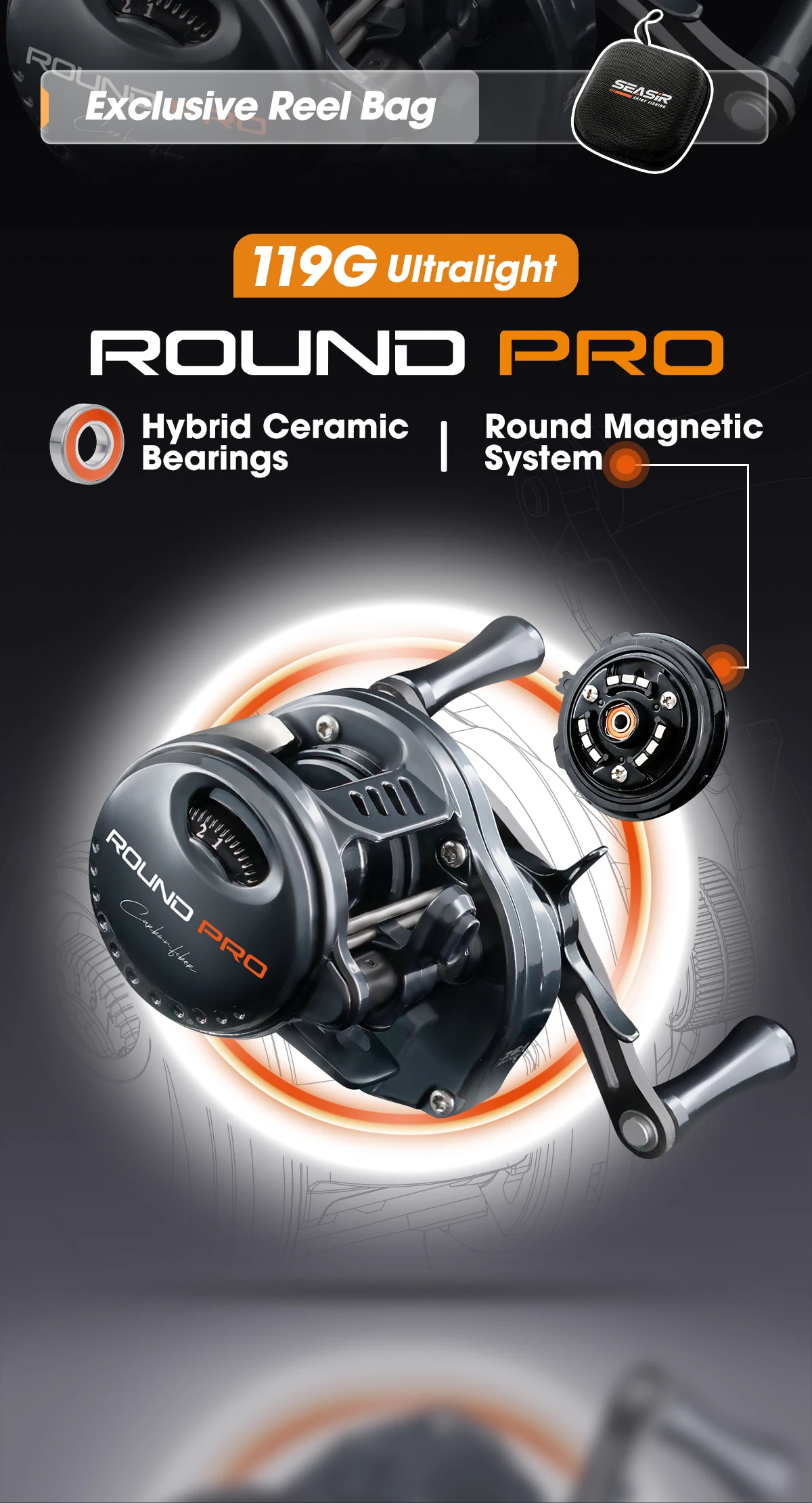 SEASIR Round Rro BFS 119g Baitcasting Angelrolle Ultraleicht Vollcarbon 7,6:1 Übersetzung 5kg Bremskraft Mit Gratis Rollentasche Angelspule – Detail 1