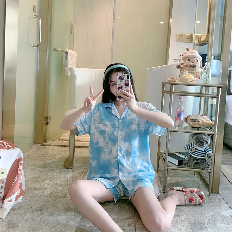 Summer Pajamas Women Cute Pyjamas Short-sleeve Lapel Cardigan Sweet Student Home Clothes Short Suit Blue Sky and White Clouds