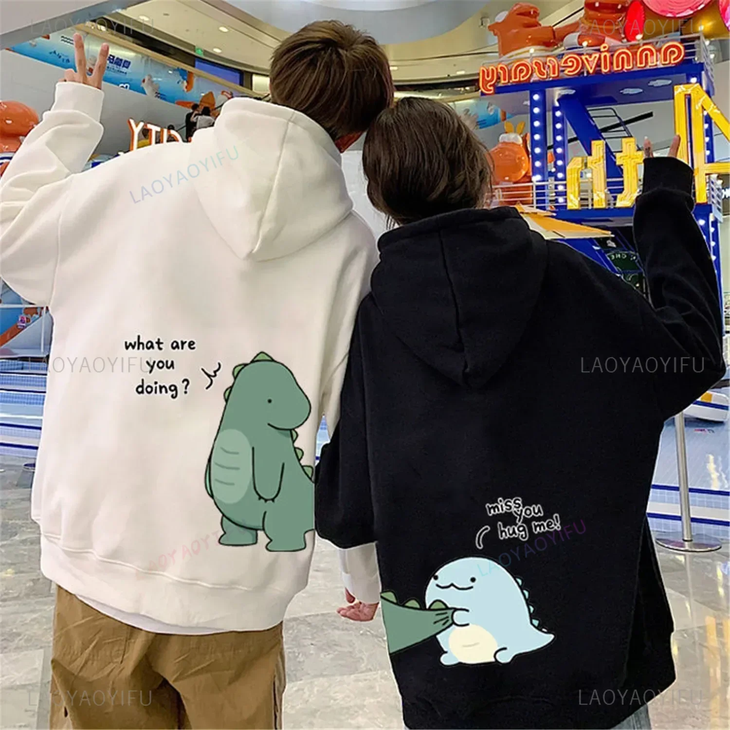 Couple Dinosaur Pullover Punk Korean Cartoon Print Hoodie