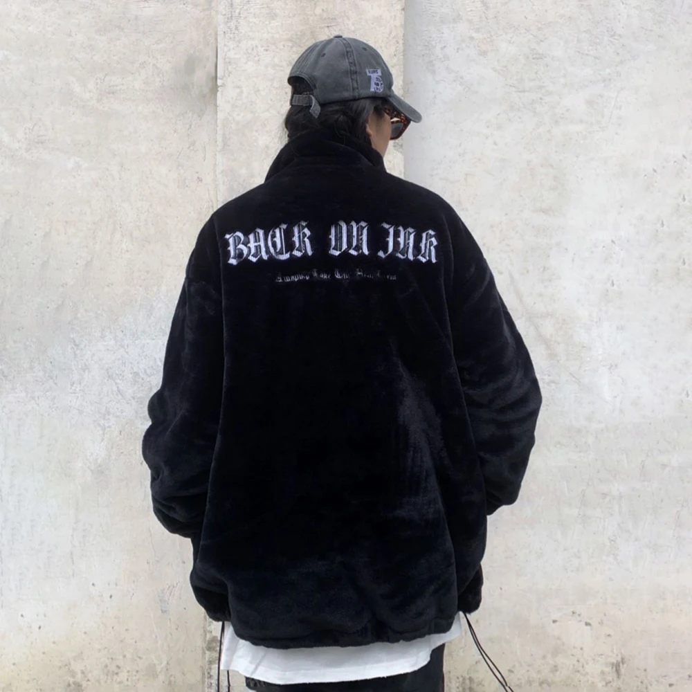 

Autumn Winter Thickened Letter Embroidered Jacket American Street Rabbit Fur Baseball Uniform Chicano Unisex Ins Plush Jacket