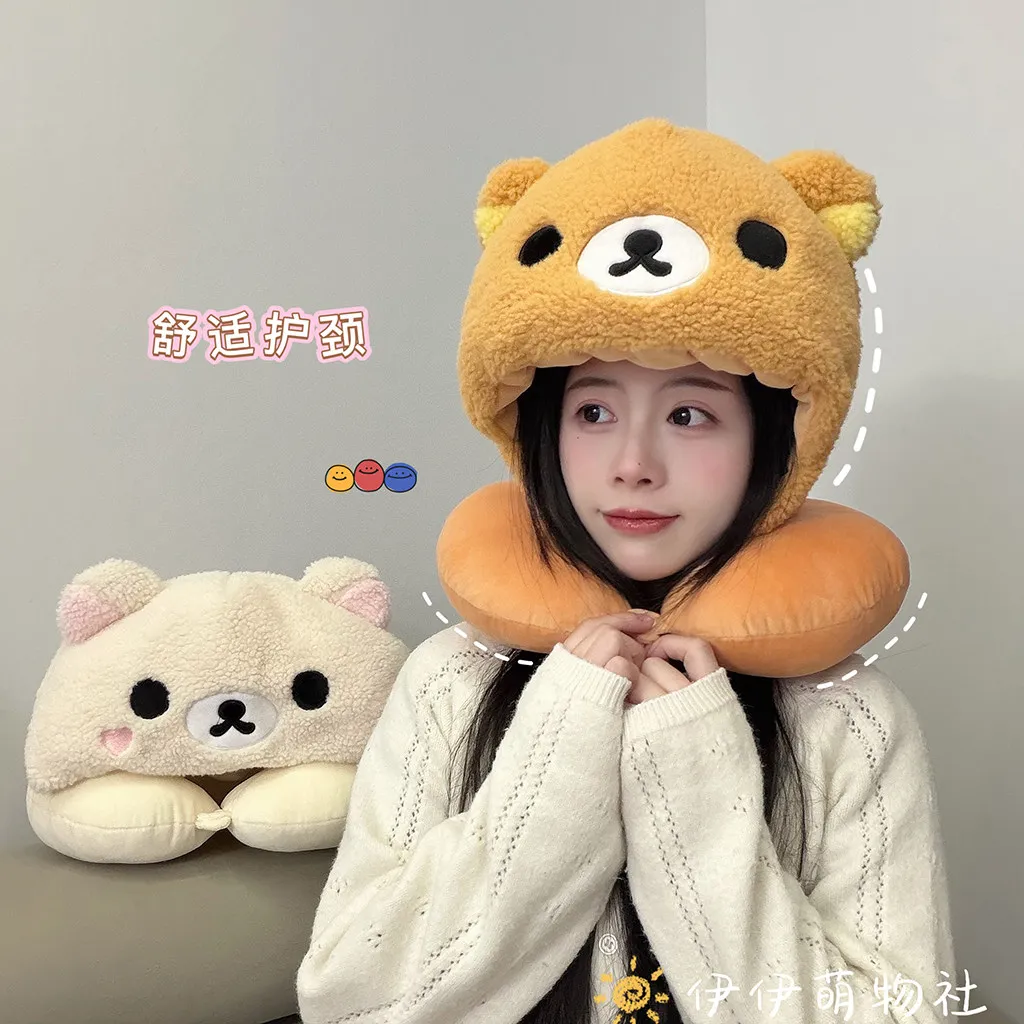 Niedliches Rilakkuma Nackenkissen mit Kapuze, weiches Plüsch-Bären-U-förmiges Reisekissen in Weiß-Braun für Reisen, Büro, warme Nickerchen, Mädchen – Detail 8
