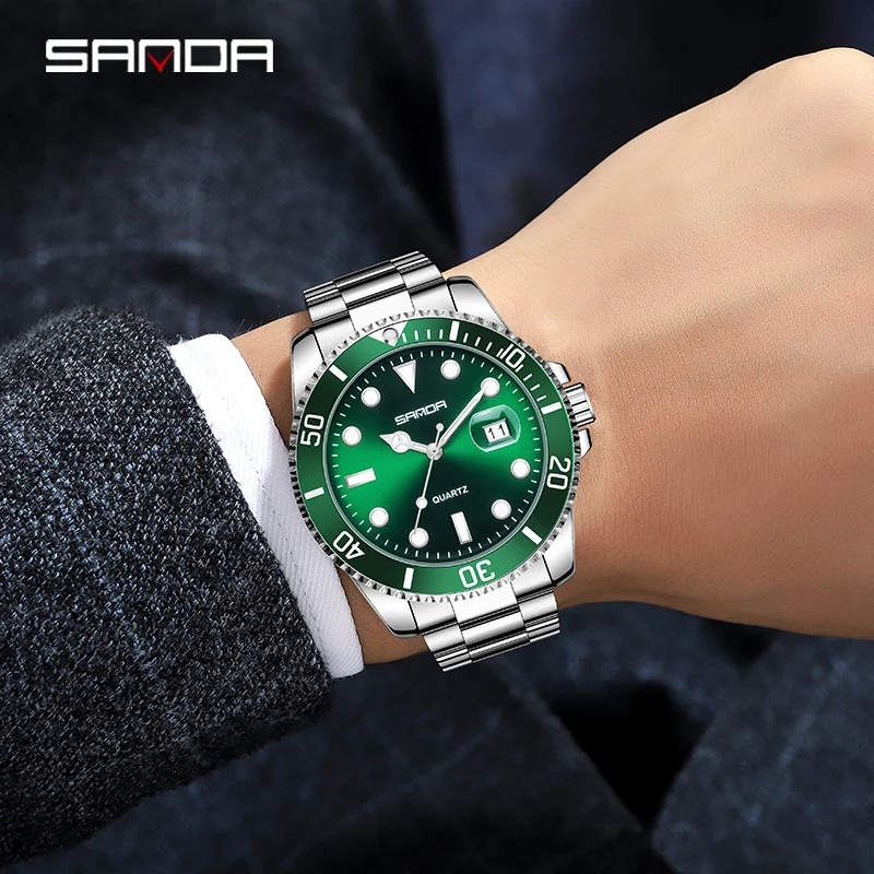 SANDA Quartz Watch Men Fashion Green Water Ghost Watches Simple Calendar Display 30M Waterproof Clock Mens Business Watch Reloj