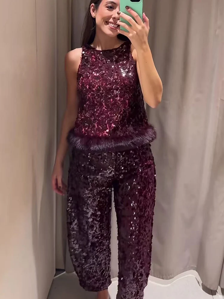 Women Sequins Vest Long Pant Set Chic Faux Fur Sleeveless Tank Top Shiny Straight Pants Female Elegant Club Holiday Outfits