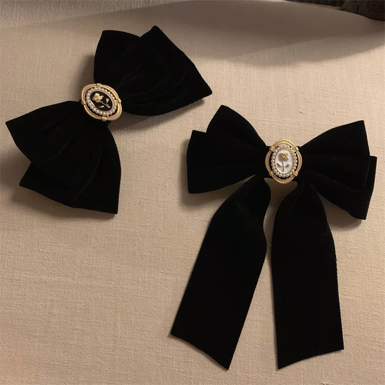 New Black Velvet Bow Hair Pins Elegant Fabric Alloy Roses Hair