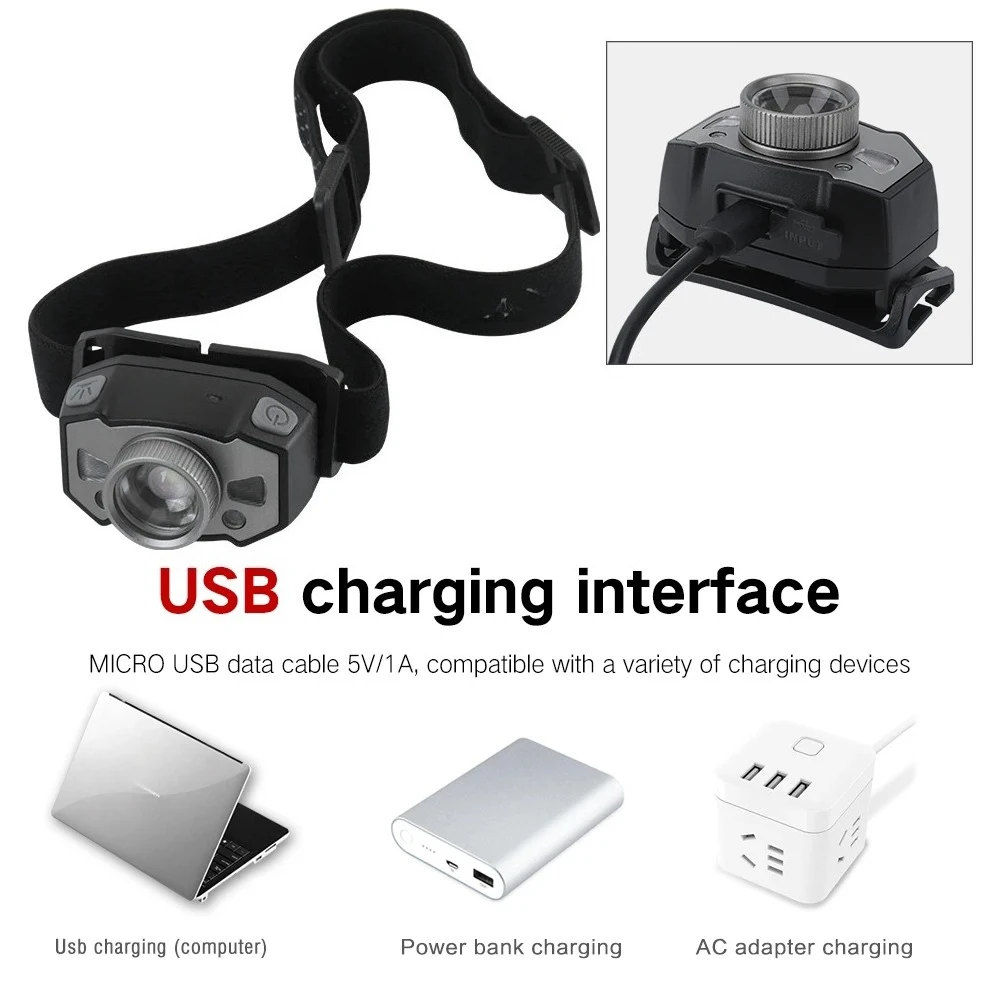 모션 센서 LED 전조등 빨간불 줌 헤드라이트 USB 충전식 헤드 토치 야외 낚시 캠핑 헤드 장착형 손전등