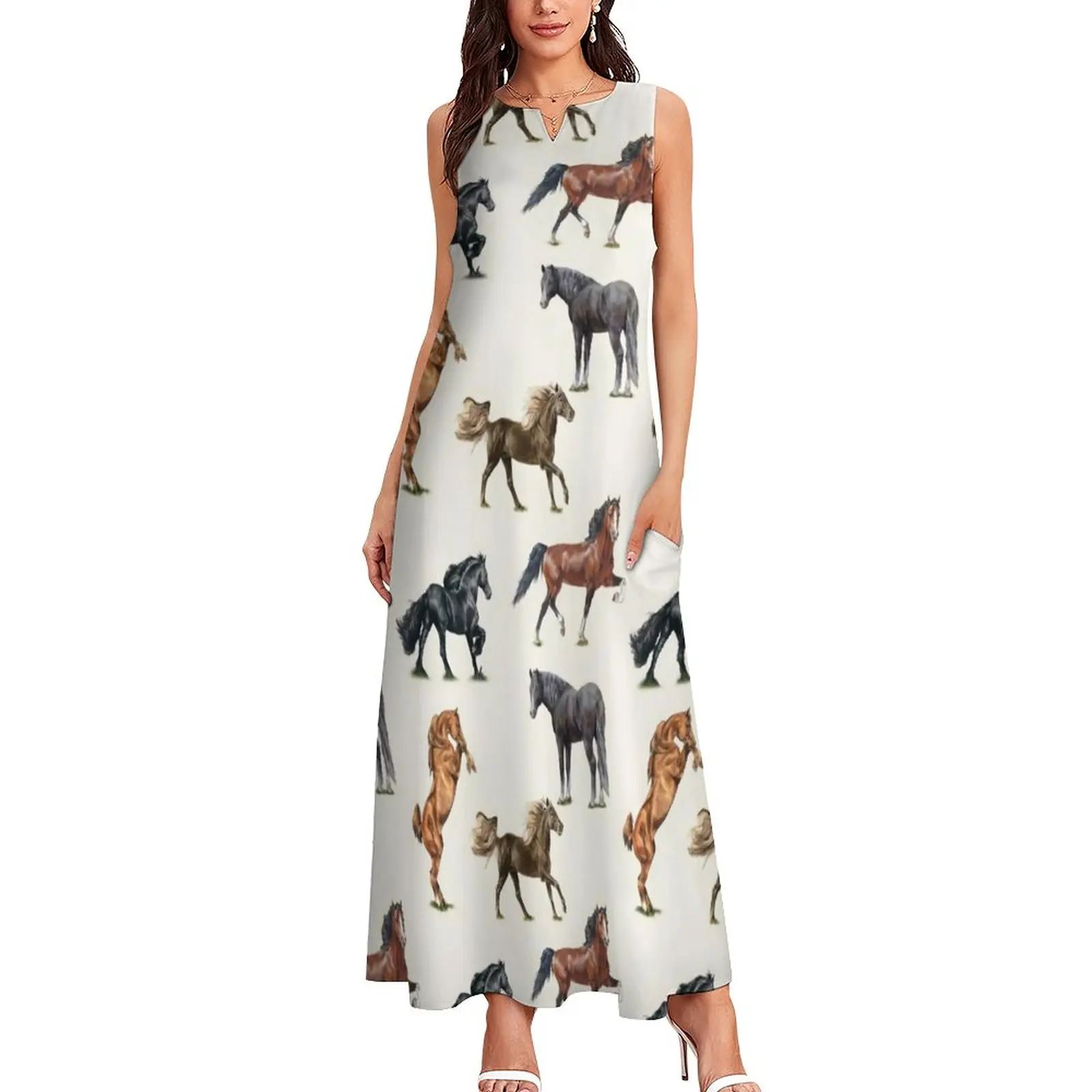chinese dress ladies Light Blue Horse Print Maxi Dress