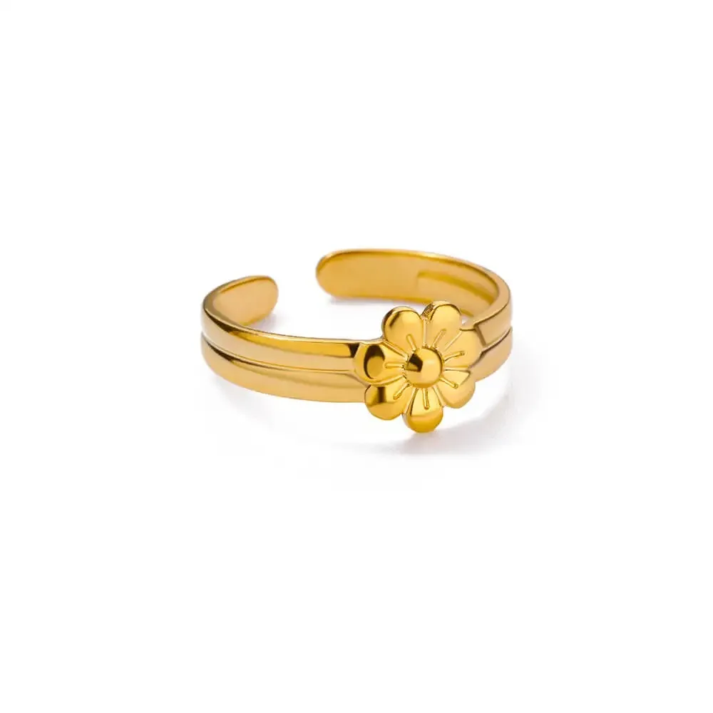 Tiny Flower Rings Stainless Steel Gold Color Adjustable Wedding Ring