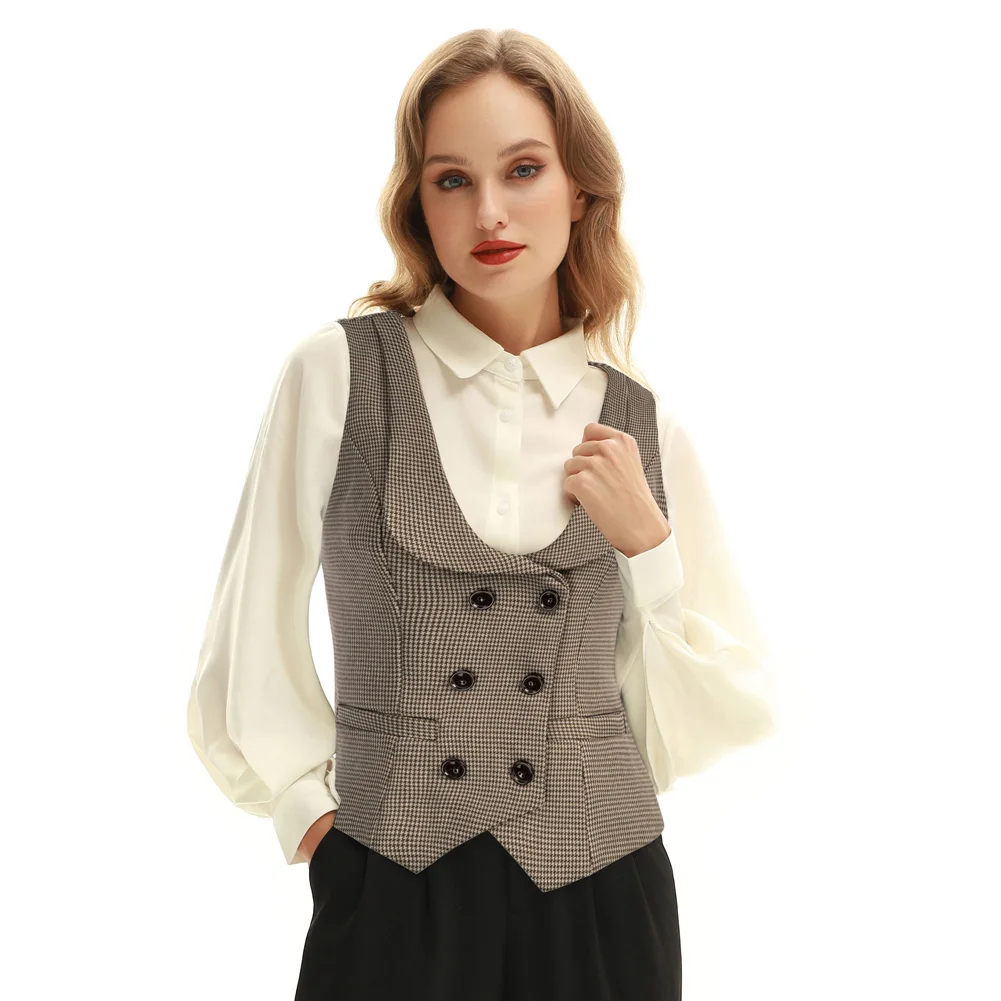 BP Women Vintage Retro Double Breasted Vest Deep V-Neck Handkerchief Hem Vest Coat Sleeveless Slim Jackets Causal Female Clothes
