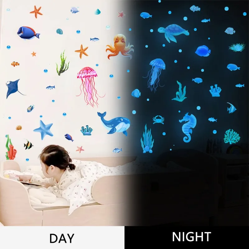 

3-piece Blue Glow Underwater World Wall Sticker for Children's Room Kindergarten Renovation Decoration Self-adhesive Stickers