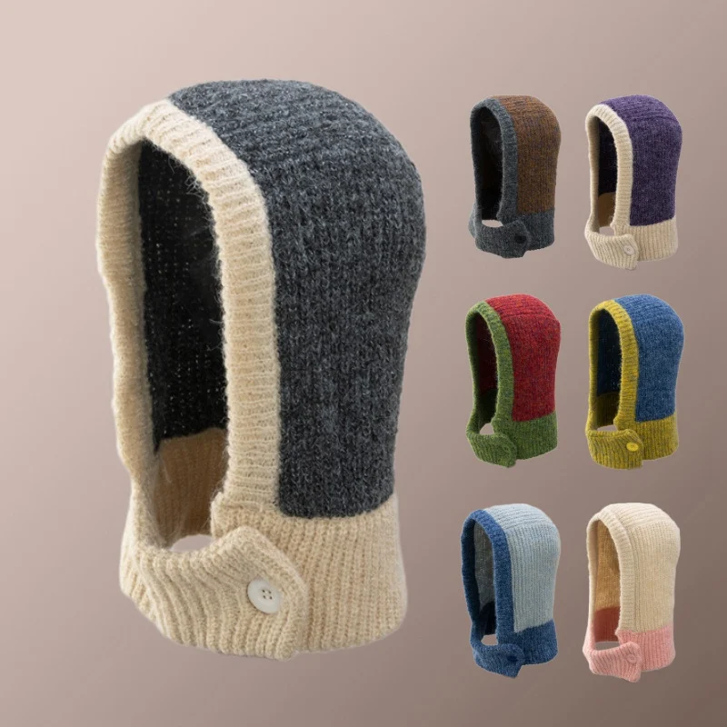 

Splicing Colors Knitting Face Protection Women Balaclava Outdoor Keep Warm Earflaps Winter Women'S Winter Hat Beanie