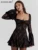 JULISSA MO Ladies Elegant Lac-up Square Neck Patchwork Long Sleeve Mini Dress Women Sexy 2025 Fashion Sexy Backless Slim Outfits