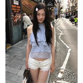 Kimotimo Polka Dot Halter Vest Women Summer Sexy Off Shoulder Slim Fit Crop Tops Fashion Y2k Aesthetic Outerwear Camisole Tanks 1