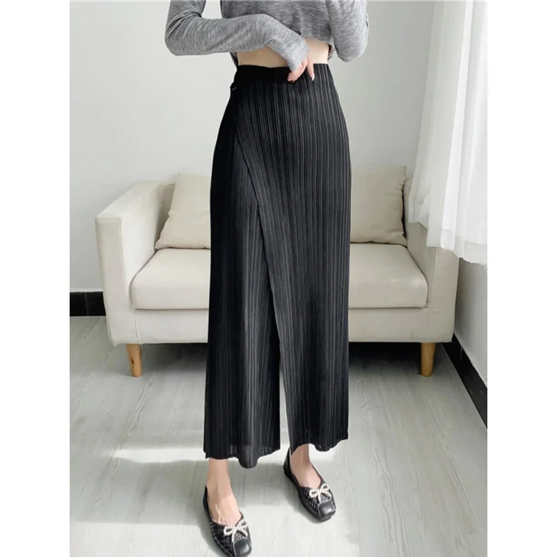 Miyake Women Pleated Solid Color Ankle-length Pants Elastic Waist Wide Leg Straight Female Trsouser Loose 2023 Summer