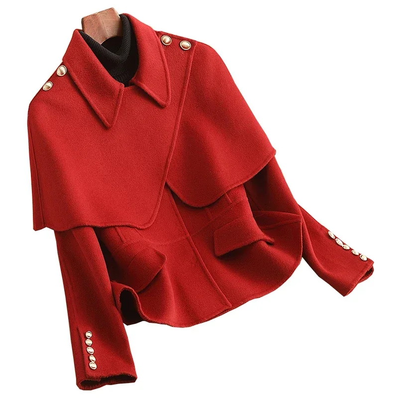 

French Cape Double sided Cashmere Coat Women's 2023 New High end Autumn and Winter Wear Woolen Fabric Temperament Short Coat