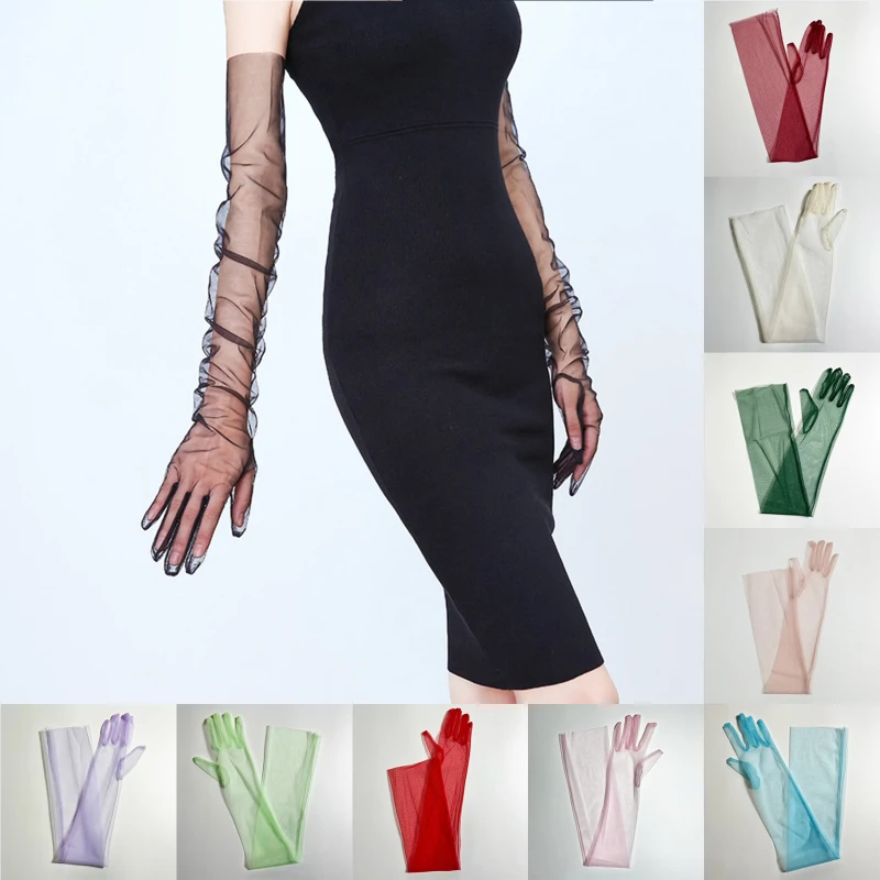 Women Ultra Tulle Gloves Mesh Sheers Full Finger 70cm Elbow Long Gloves Vintage Sunscreen Wedding Bride Dress Mittens