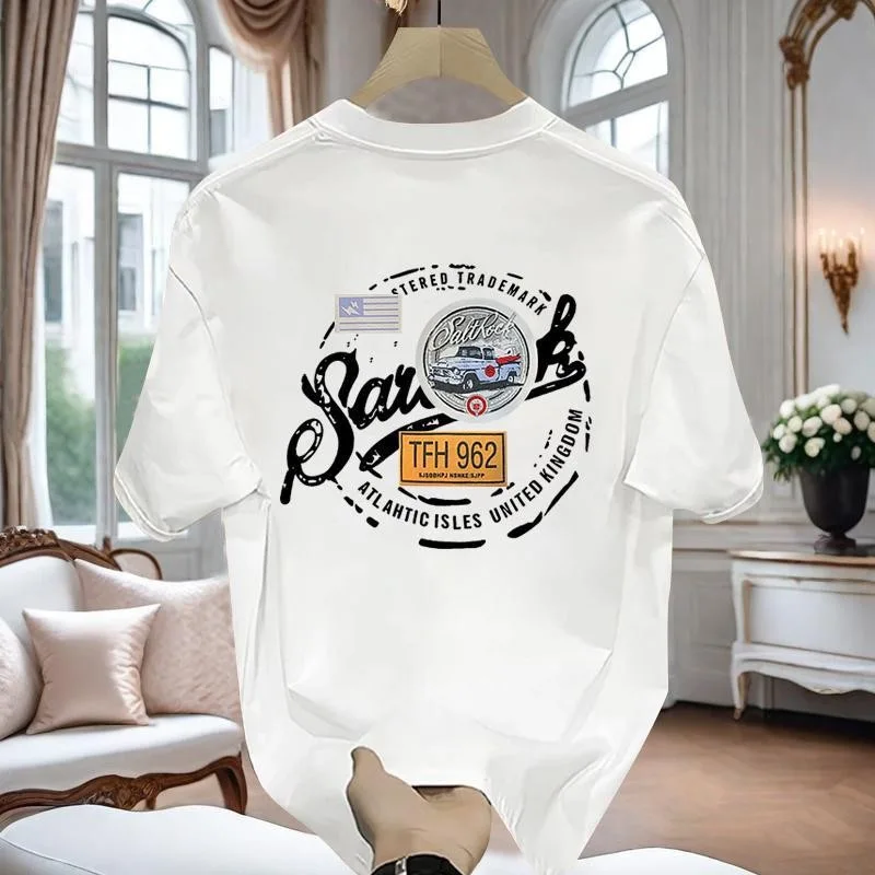 Camiseta de Verano para Hombre, 230g, Algodón Grueso, Versátil, de Manga Corta, Estampada, Informal