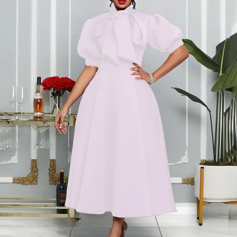 

Large Size Women's Summer New Bow Solid Banquet Dress Elegant Pullover Lantern Sleeve Stand Collar Lace Up Large Swing Skirt