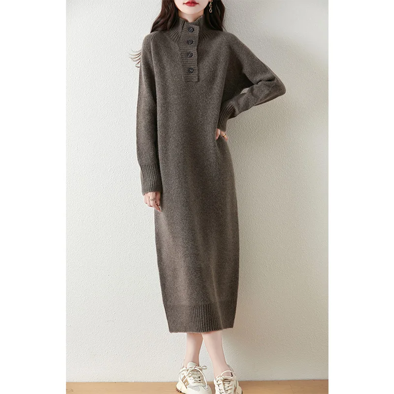 2024 Autunmn/Winter High Collar Super Loose Dresses Casual Women's Dresses  Long Dresses 100% Wool Knitted Jumpers - AliExpress