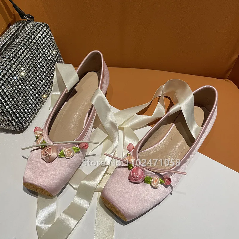 

Classic Silk Ballet Shoes Cross-Tied Ballet Flats 3D Flowers Slip-On Women Square Toe Bowtie Women Flats Elegant Valentine Shoes