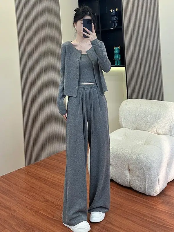 여성 스트랩 가디건 세트 고급 한국 스타일 가을 신상 패션 긴팔 스퀘어 칼라 슬림핏 3피스