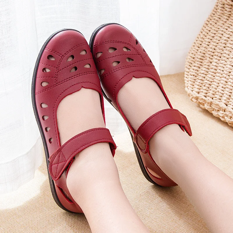 Spring Summer Women's Leather Flat Shoes Breathable Soft Sole Ladies Mary Janes Shoes Female Non-slip Leisure Footwear Mom Shoe