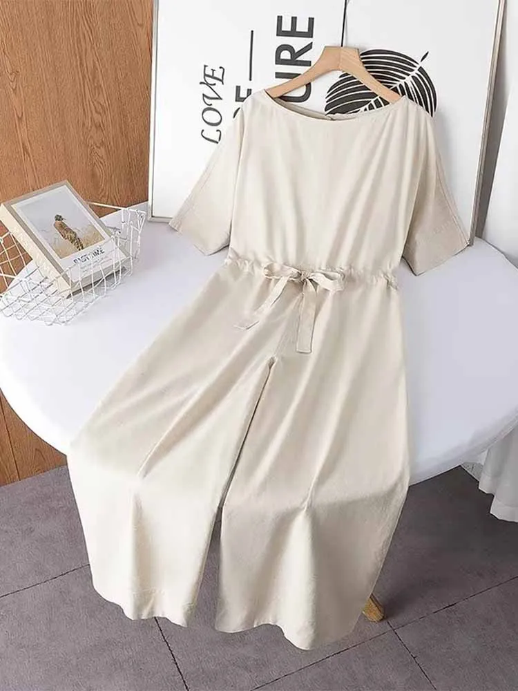 

Women 2023 New Chic Fashion Lace up decoration Loose casual Jumpsuits Vintage O Neck Short Sleeve Female Short Jumpsuits Mujer