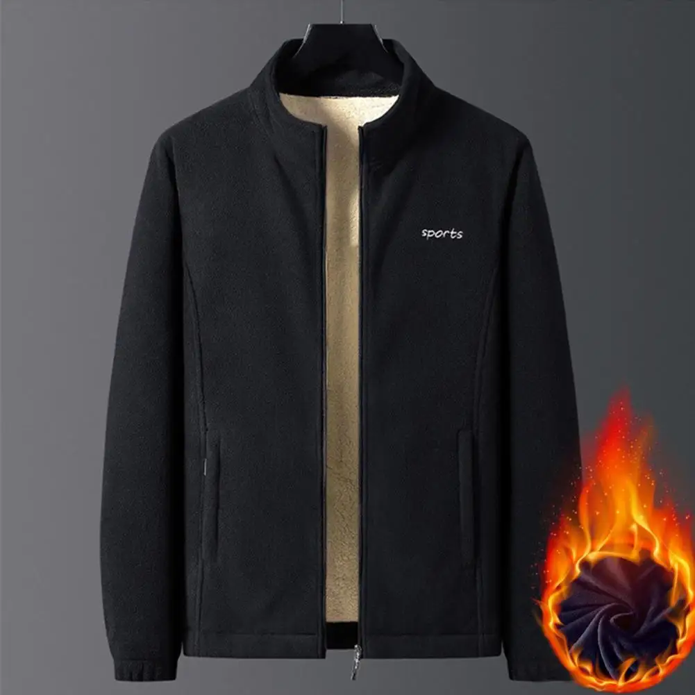 

Warm Men Coat Color Block Men's Winter Coat with Plush Inner Pockets Warm Stand Collar Cardigan Jacket with Zipper Closure Men