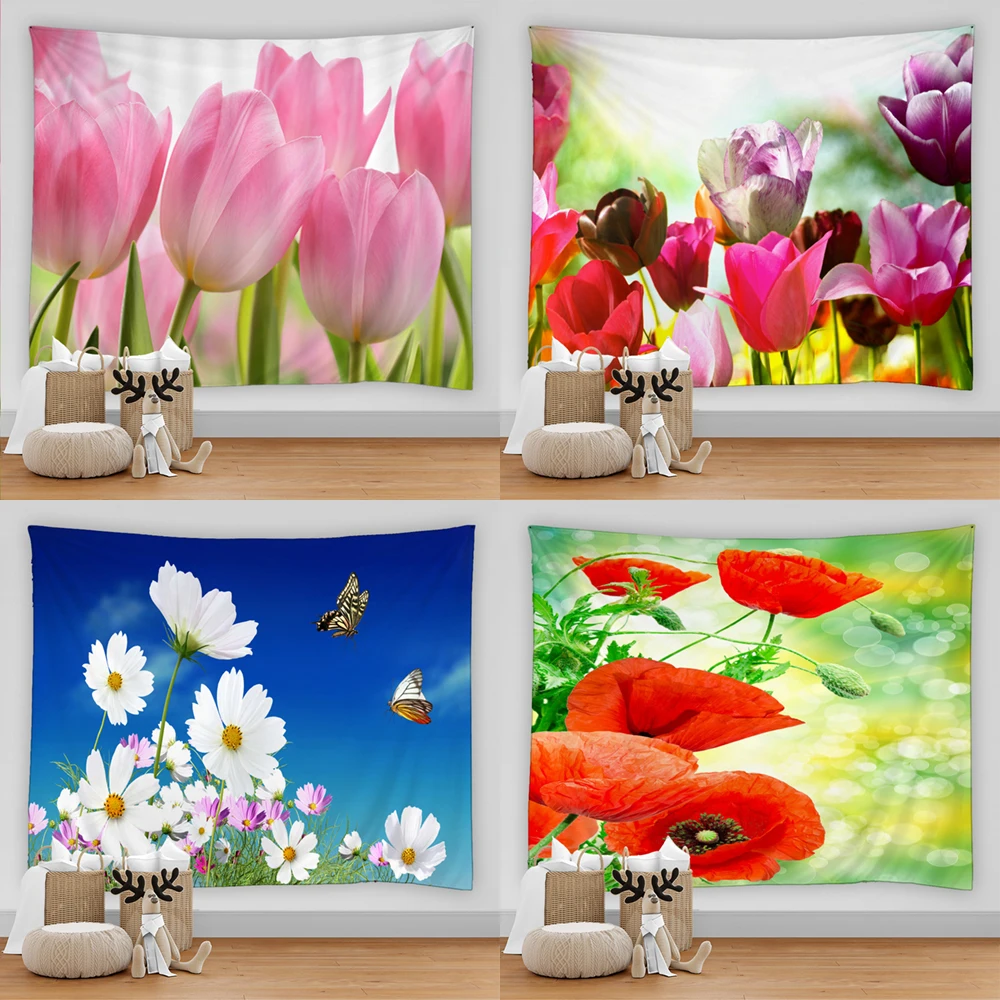 Fresh Flowers Tulip Butterfly Garden Tapestry Landscape Printed Tapestry Mandala Home Decor Big