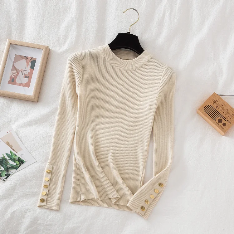 2022 Women Thick Sweater Pullovers Khaki Casual Autumn Winter Button O-neck Chic Sweater Female Slim Knit Top Soft Jumper Tops cable knit sweater