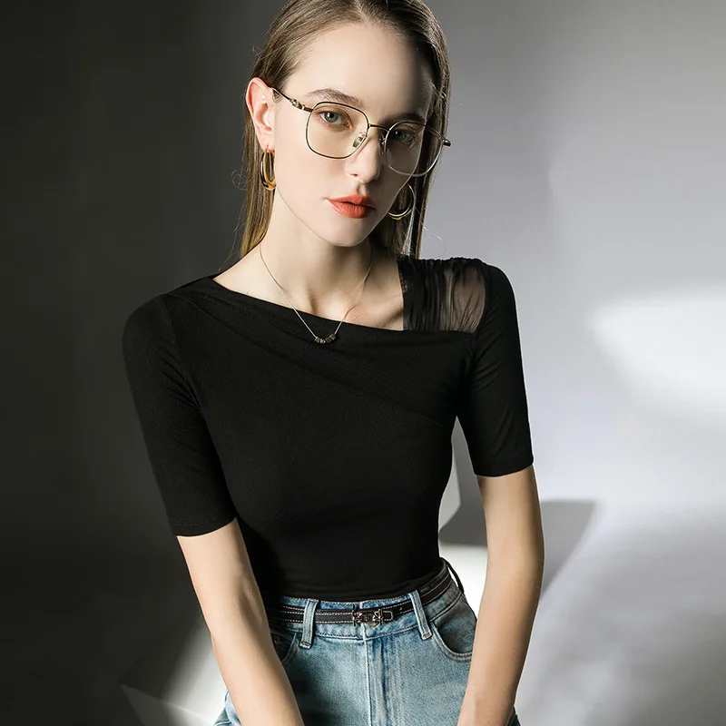 

High Quality 2024 Women Tops Spring Summer Oblique Shoulde T-shirt Female Gauze Clothing Sexy Crop Top Clothes Casual Blouse Y2k