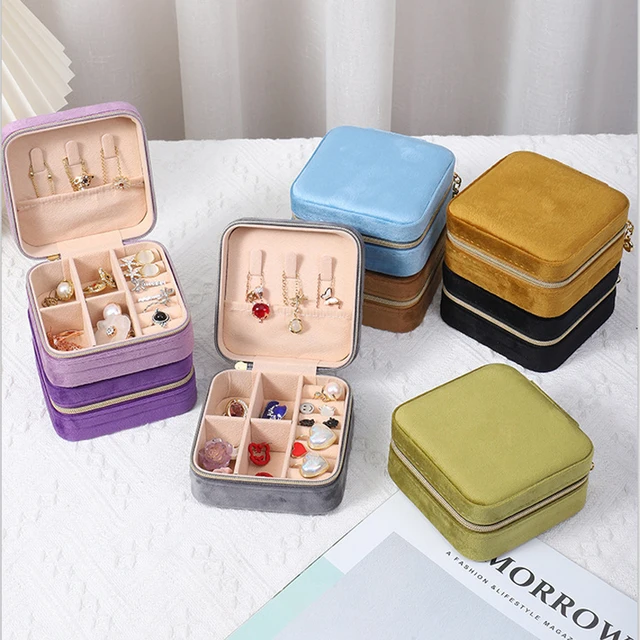 85463-e9c0a9.jpg Boîte à bijoux en velours pour femmes, organiseur de voyage portable avec fermeture éclair, étui de rangement carré pour collier, bague, boucles d'oreilles