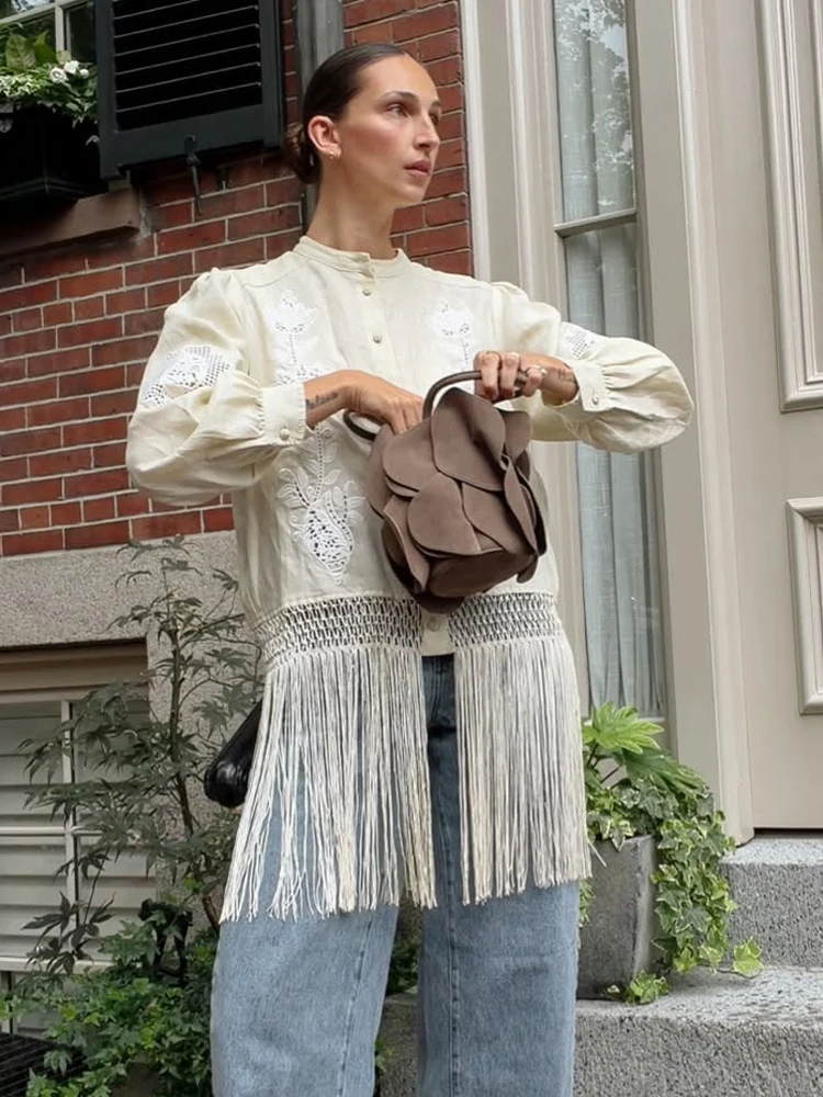Vintage Bohemian Tassel Hem Jacket with Stand-Up Collar Long Sleeves and Buttons — photo 5