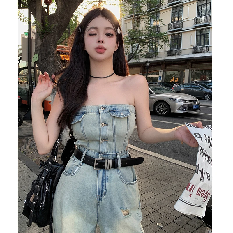 

Женский джинсовый комбинезон без рукавов, элегантный винтажный комбинезон из денима с дырками и высокой талией, лето-осень