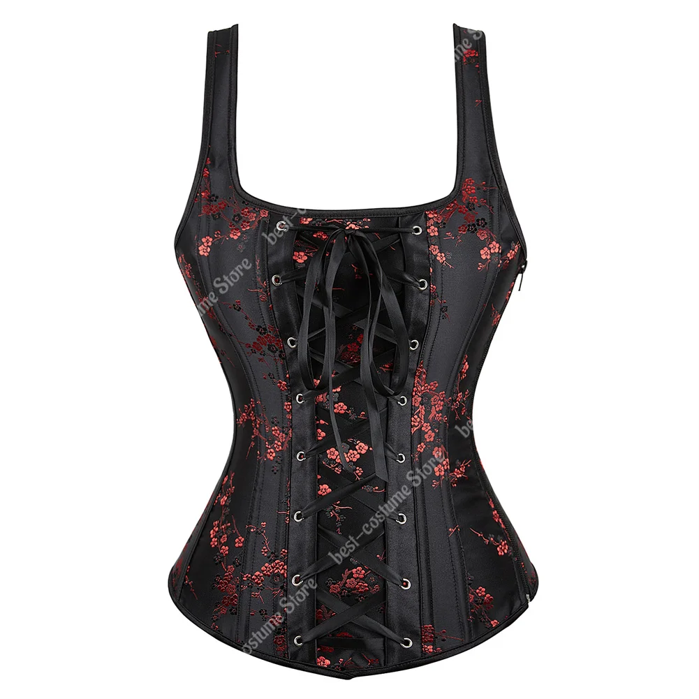 Vintage-Inspired Floral Gothic Corset Top with Halter Straps in Black and Red