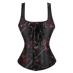 Vintage - Inspired Floral Gothic Corset Top with Halter Straps in Black and Red - S (Black corset 1)