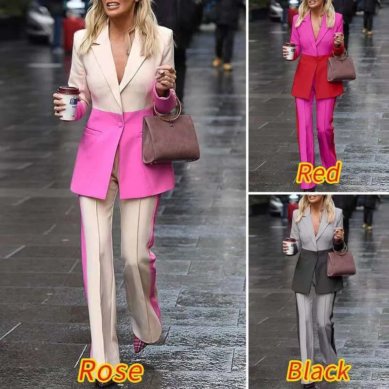 

Red Yellow Black Patchwork Blazer Suits Coat+ French Wide Leg Pants Women Slim Fashion Tuxedo 2PCS Atmosphere Leisure Suit