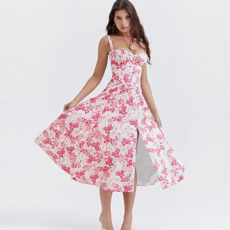 Robe à bretelles imprimée florale pour femmes, robe trapèze élégante, couleur unie, coupe couvertes, fente latérale, taille, été 2023 20