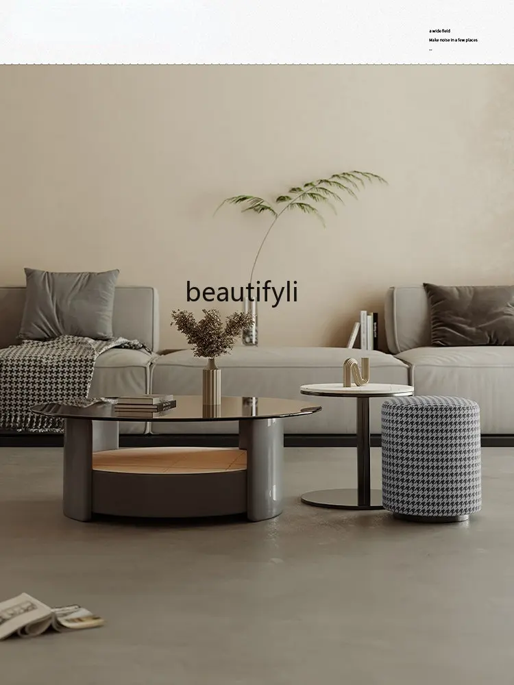 

Minimalist Glass Tea Table Combination Living Room Simple round Art Stone Plate Exquisite Small Coffee Table
