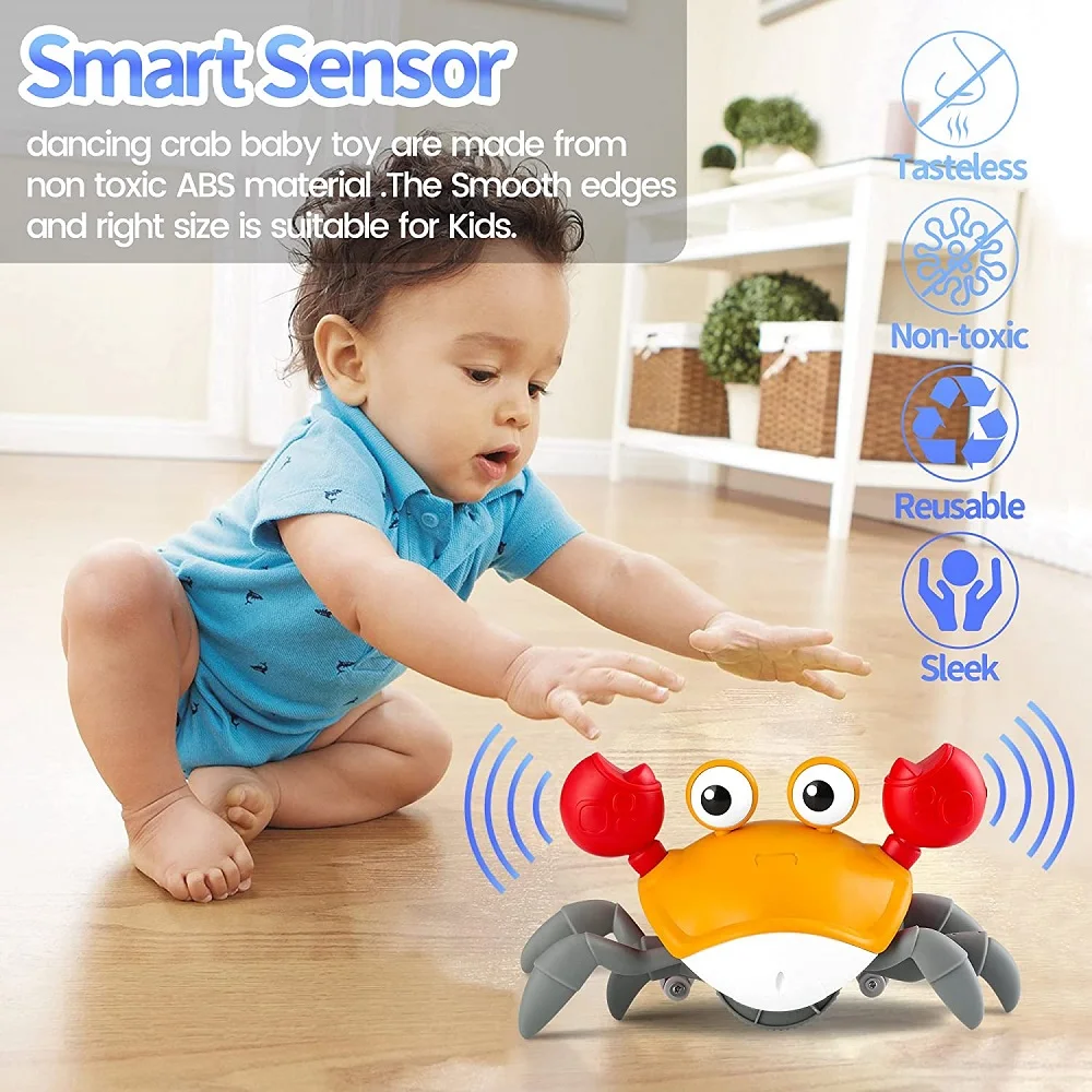 

Walking Crab Baby Toy Crawling Crab Toy with Music and Light Up Automatically Avoid Obstacles Tummy Time Toys Fun Moving