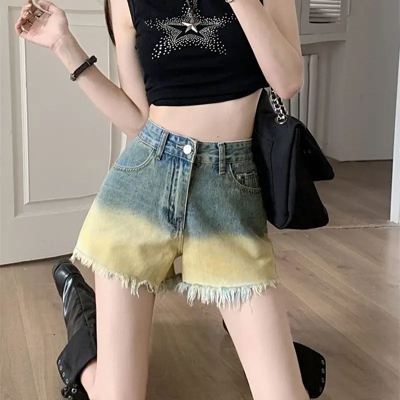 Summer Denim Tassel Gradient Shorts Women Chic Y2k Girls Ulzzang High Street College Fashion Distressed Harajuku Hotsweet Dating