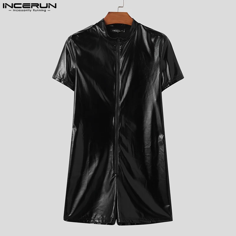 INCERUN-Macacão monocromático de couro PU com zíper para homens, manga comprida, gola, bodysuits casuais, playsuits sexy, S-5XL, 2023