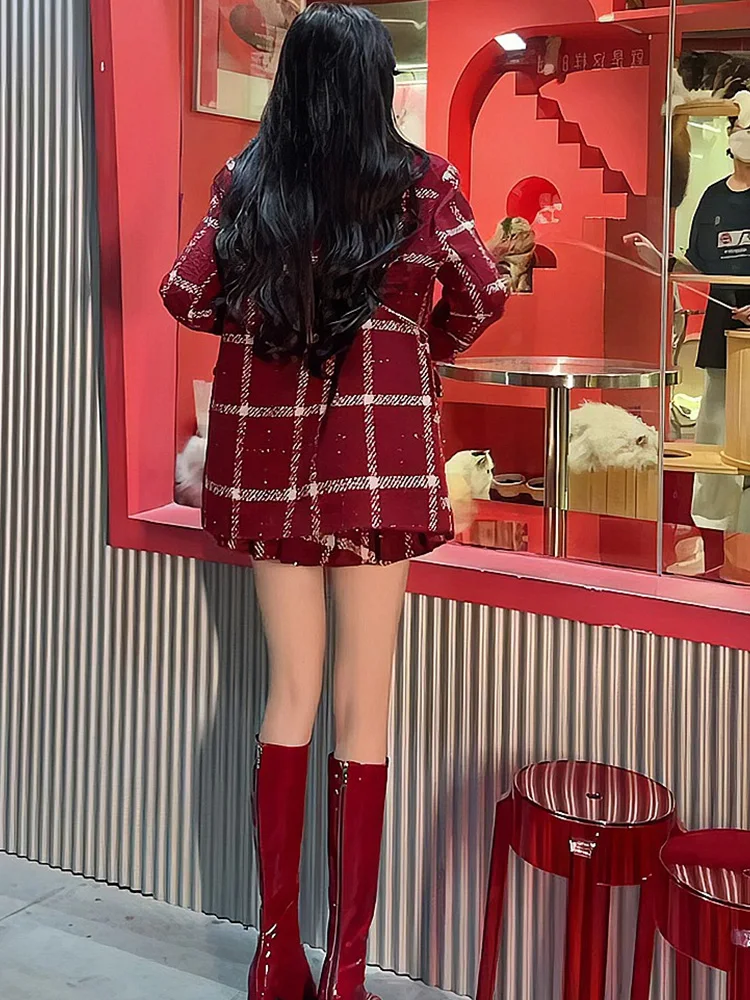 Xgoth 프랑스어 우아한 패션 정장 여성 인기 뜨거운 여자 새해 붉은 격자 무늬 코트 하프 스커트 여성 하이 스트리트 쾌활한 2pcs 세트