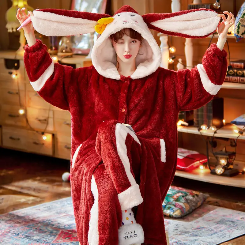 

Winter Flannel Pajamas Set for Women Hooded Rabbit Bunny EarsThick Warm Cute Sleepwear Loose Pyjamas Suit Robes+pants Robe Sets