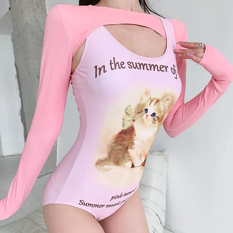 

2023 Women Two Piece Swimsuit Korea Style Sweet Kitten Print Swimwear Fashion U-neck High Waist Push Up Body Thong Bathing Suit