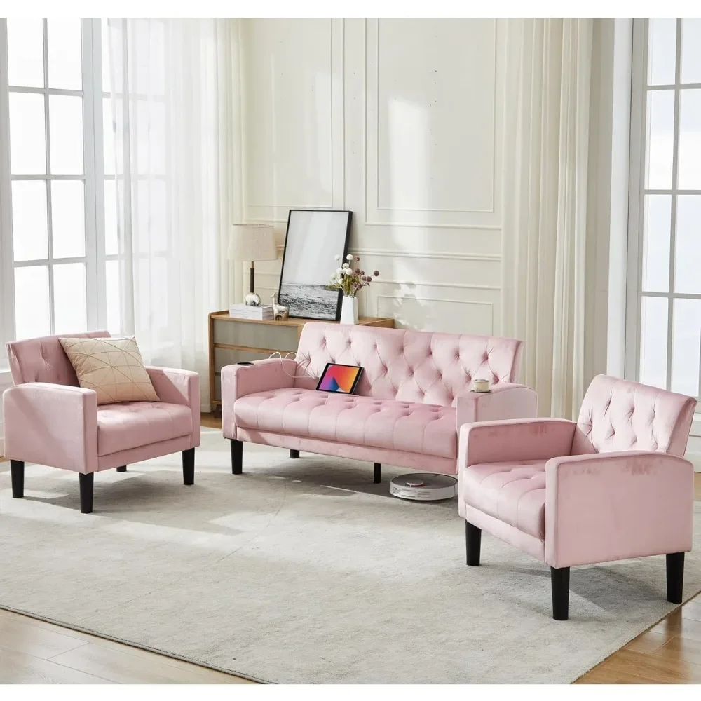 Mid-Century Modern Pink Velvet Loveseat Sofa Set with USB Ports and Cupholders, 3-Piece Living Room Furniture, Ideal for Small S 3
