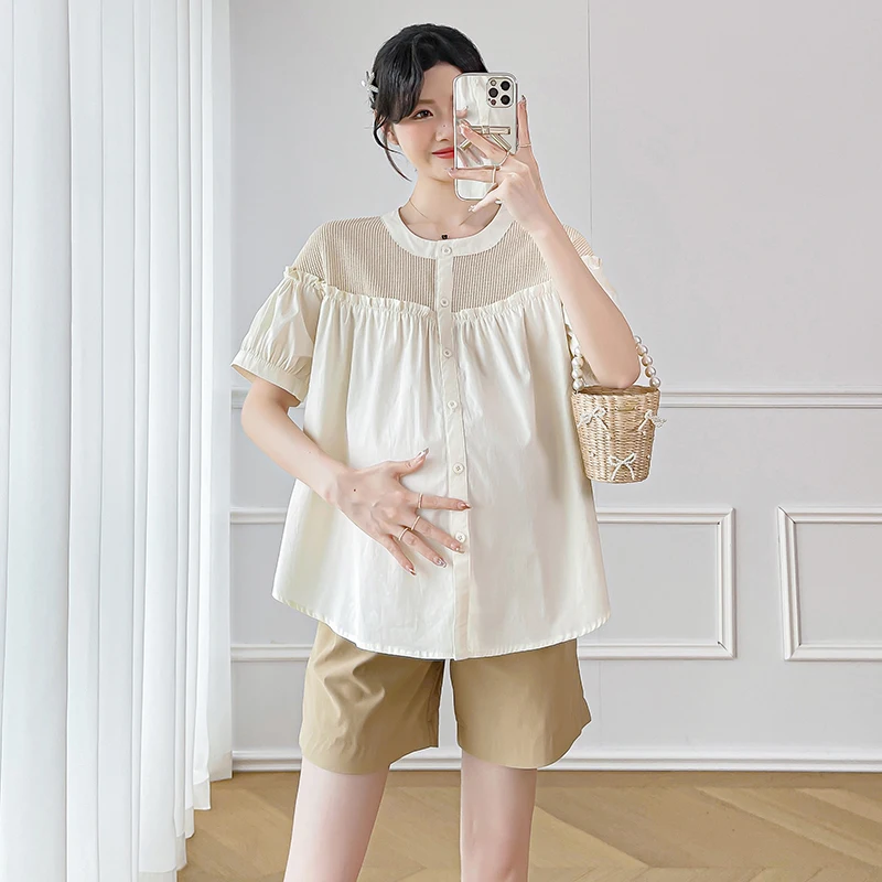 Q68035 임신 블라우스 반팔, 한국 패션, 루즈하고 스타일리쉬한 여름 슬림 임산부 의류, 미드 롱 임산부 상의